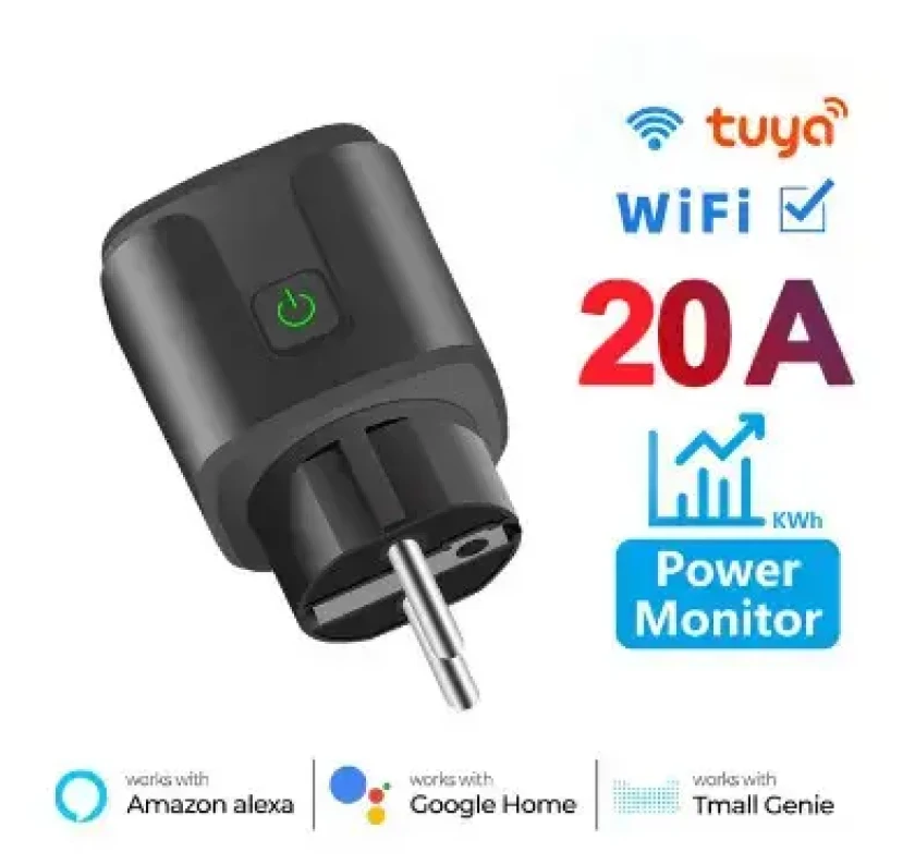 Розумна смарт розетка Tuya Smart WiFi Head 20А з лічильником електроенергії 4400W Black (smart20ABlack), фото 1