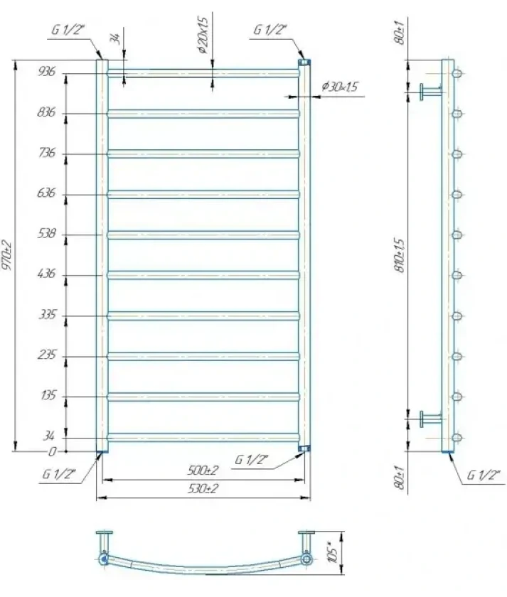 Водяна рушникосушка Mario INOX Класік 970х530/500мм (1.8.044558.P), фото 4