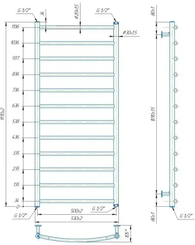 Водяна рушникосушка Mario INOX Класік 1170х530/500мм (1.8.044560.P), фото 4