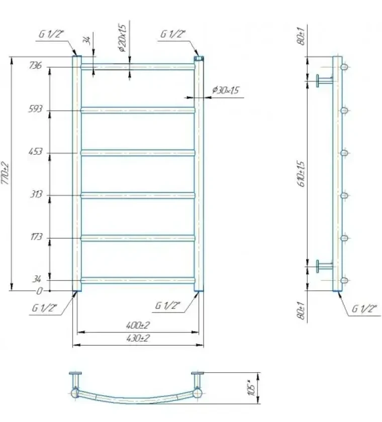Водяна рушникосушка Mario INOX Класік HP 770х430/400мм (1.8.044570.P), фото 4