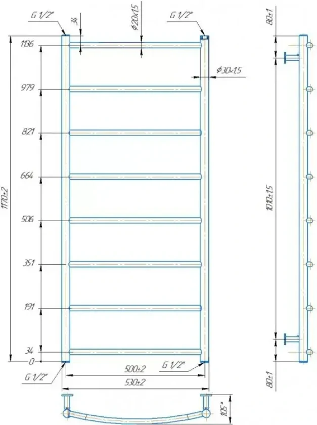 Водяной полотенцесушитель Mario INOX Классик HP 1170х530/500мм (1.8.044572.P), фото 4