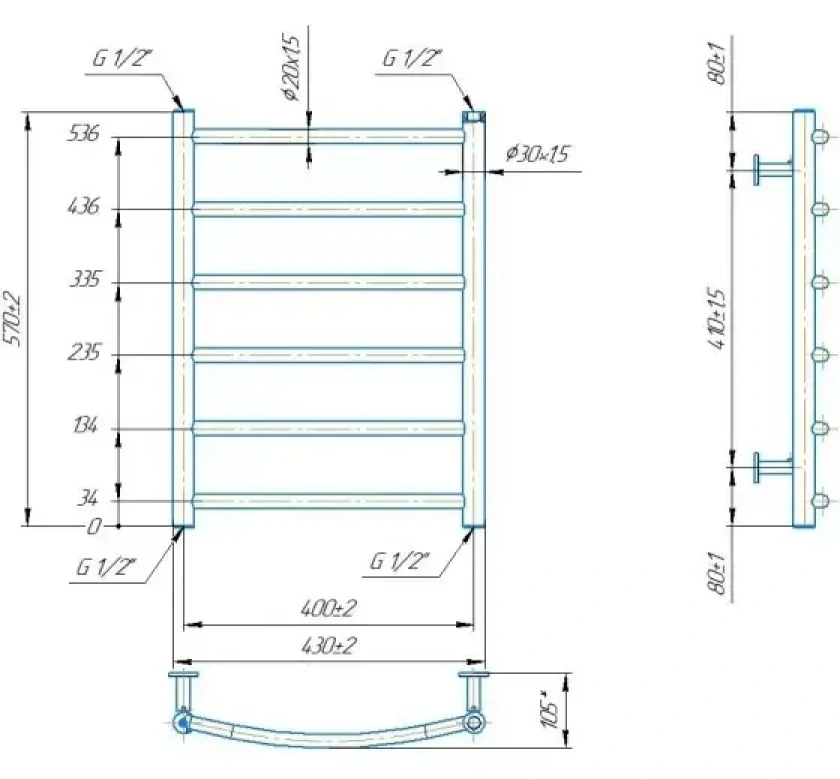 Водяна рушникосушка Mario INOX Класік 570х430/400мм (1.8.044554.P), фото 4