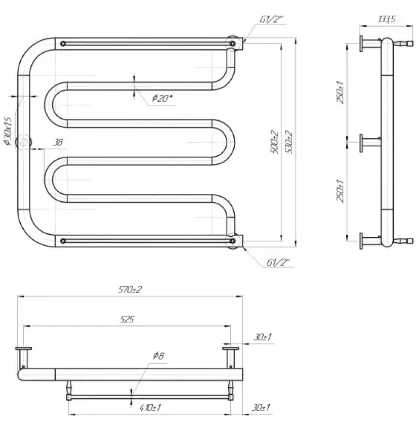 Водяна рушникосушка Mario INOX Фокстрот 530х570/500мм (1.8.044626.P), фото 4