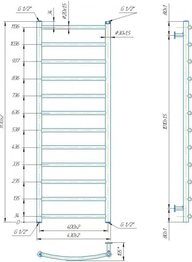 Водяна рушникосушка Mario INOX Класік 1170х430/400мм (1.8.044559.P), фото 4
