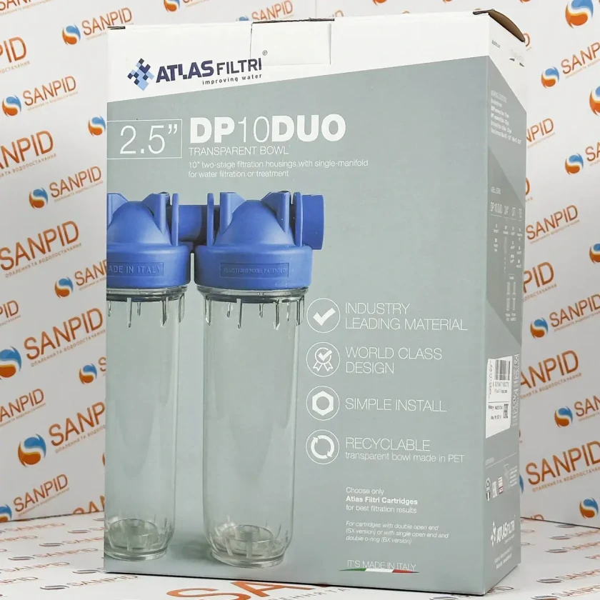 Комплект фільтр-колба Atlas Filtri 10" DP Duo 1/2" + картриджі поліпропіленова нитка SanPid 5мкм/10мкм ZA3100680+PPW25105+251010, фото 3