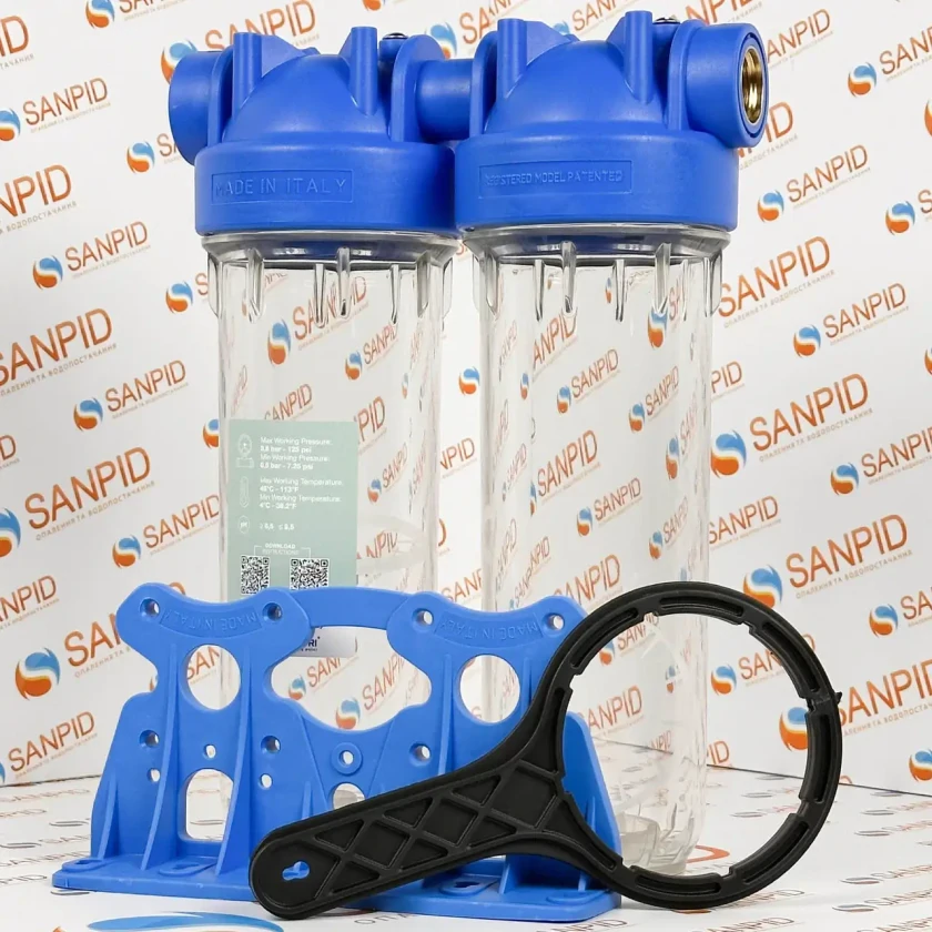 Комплект фільтр-колба Atlas Filtri 10" DP Duo 3/4" + картридж зі спіненого поліпропілену 5 мкм + картридж з іонообмінною смолою SanPid (ZA3110680+PP25105+CNA2510), фото 2