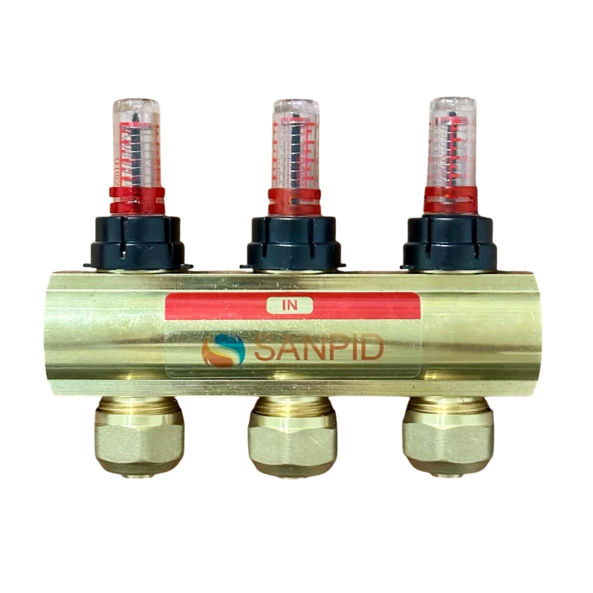 Колектор для теплої підлоги з витратоміром і євроконусами 1x3 (L 1.3) SanPid S9181 латунь, фото 3
