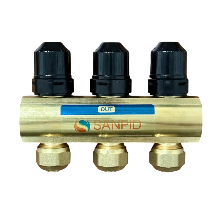 Колектор для теплої підлоги з витратоміром і євроконусами 1x6 (L 1.6) SanPid S9184 латунь, фото 3