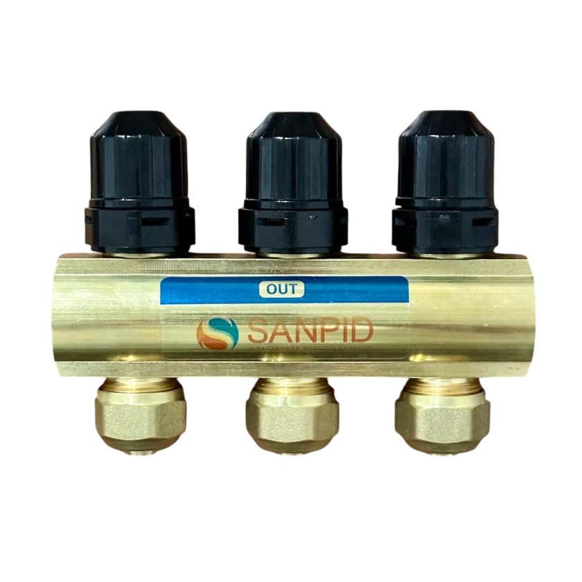 Колектор для теплої підлоги з витратоміром і євроконусами 1x10 (L 1.10) SanPid S9187 латунь, фото 2